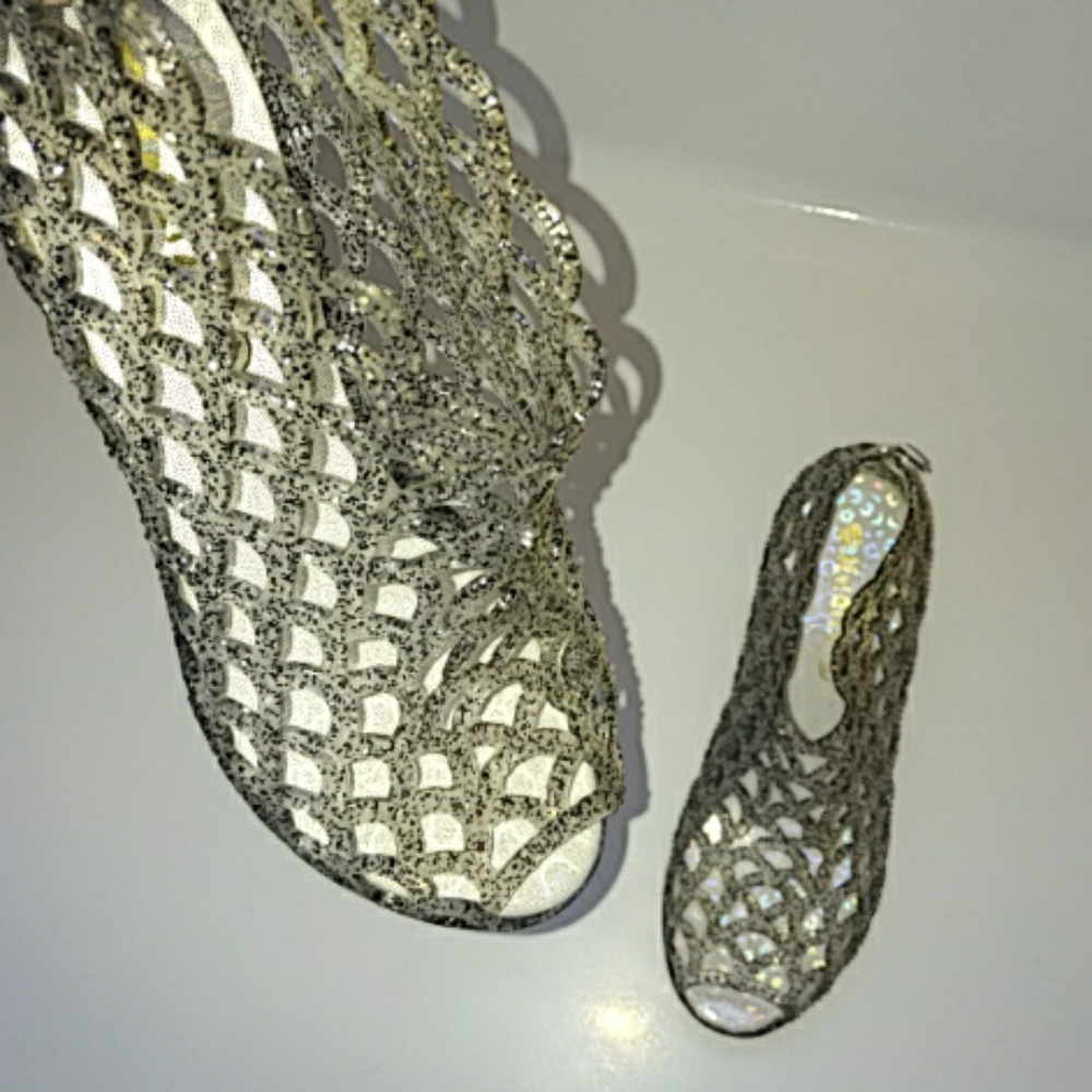 Jelly Wedge Sandals Black Clear Silver Ladies 40